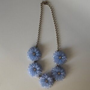 J.Crew large Blue Floral Necklace with white rhinestones with bronze color chain